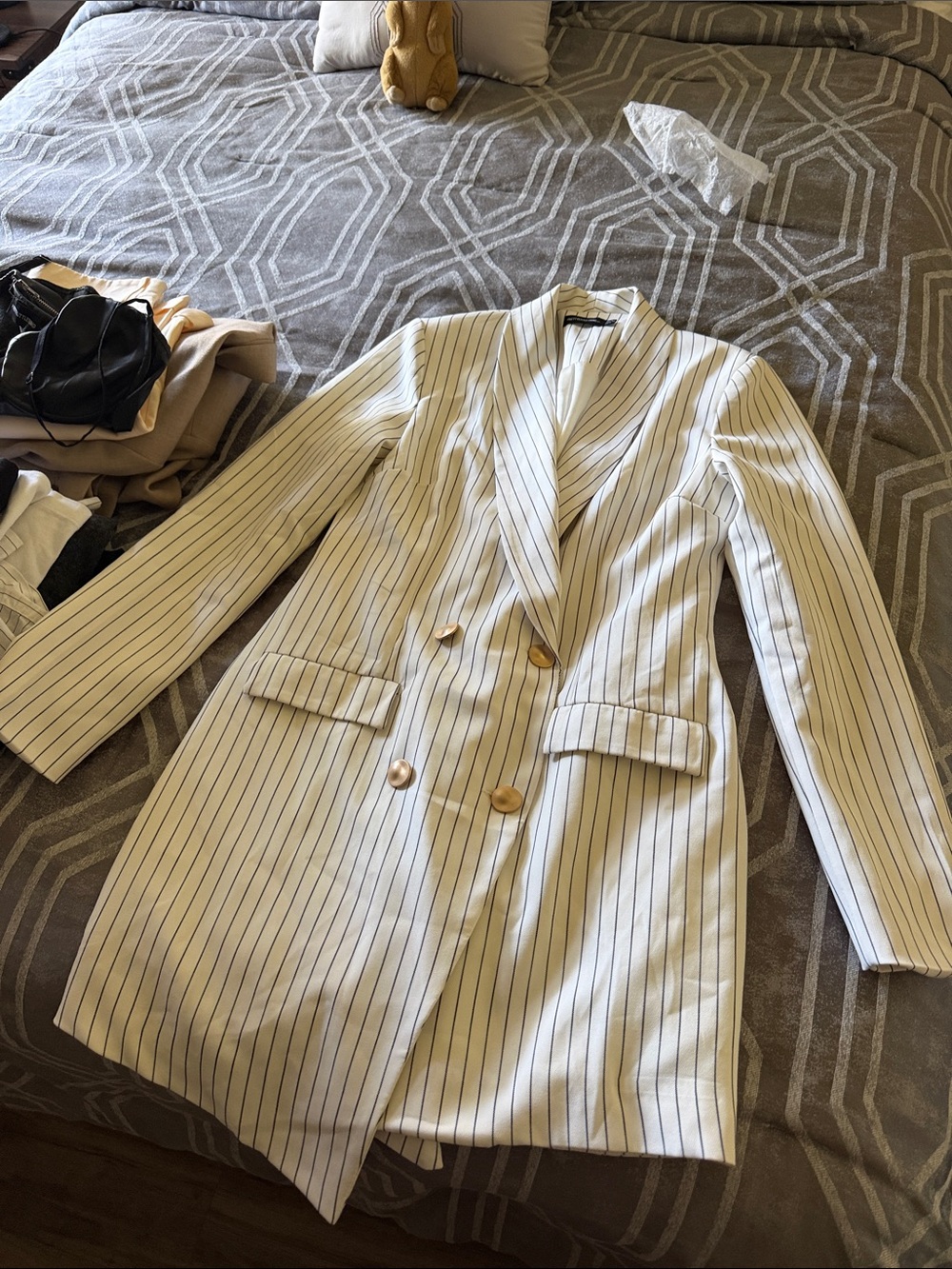 Double-Breasted Striped Blazer Dress Coat — Cream with Navy Pinstripes